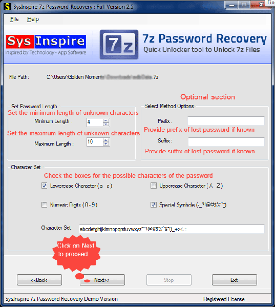 working to recover 7z password