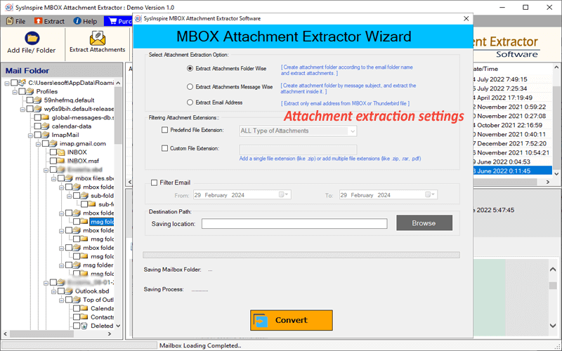 Screenshot of SysInspire MBOX Attachment Extractor