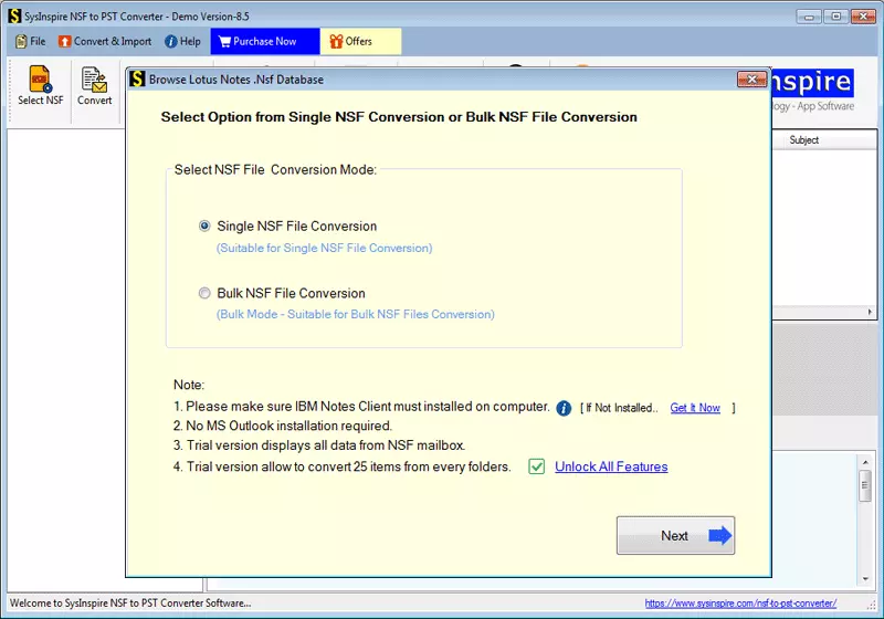 Select NSF file conversion mode