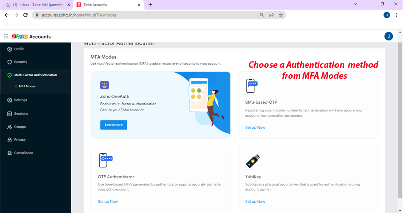 zohomail Multi-Factor Authentication