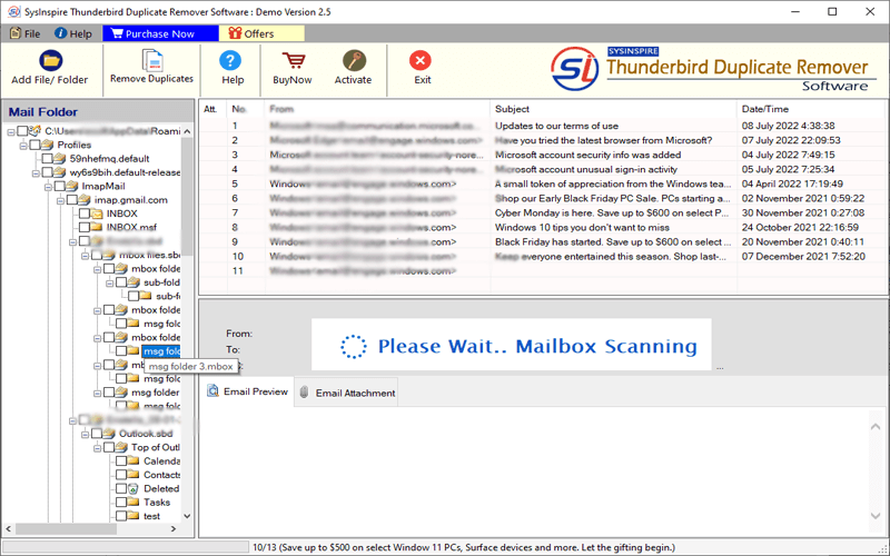 mail folder scan and load emails Thunderbird email preview