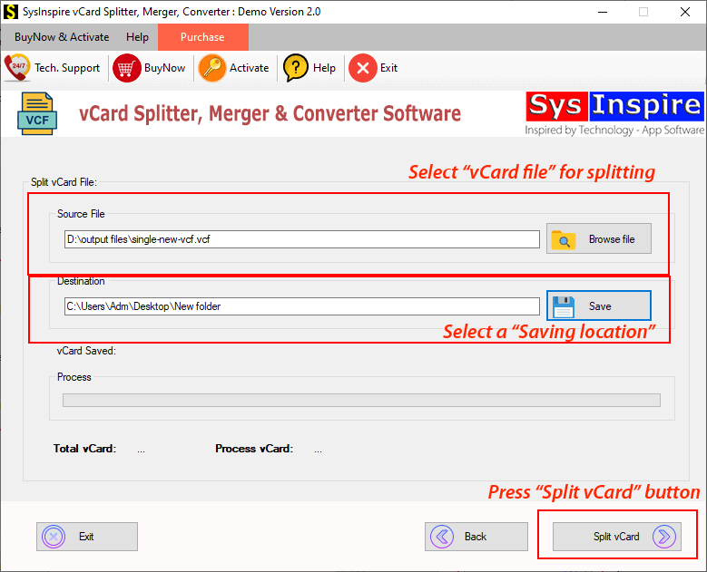 vCard splitting option